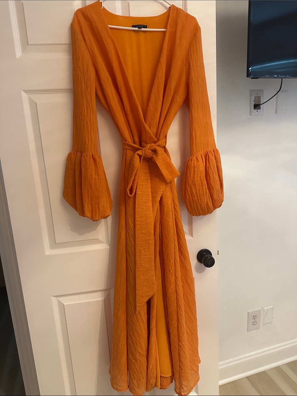 Orange Wrap Maxi Dress with Tie Waist and Bell Sleeves